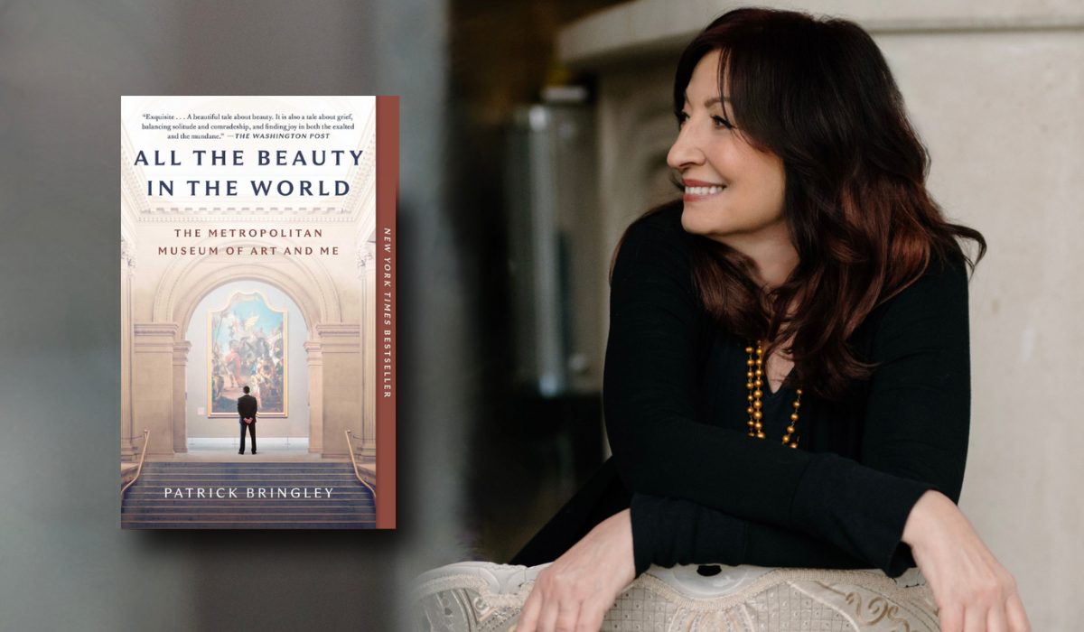 Woman wearing black in gold brocade chair with "All the Beauty in the World" book